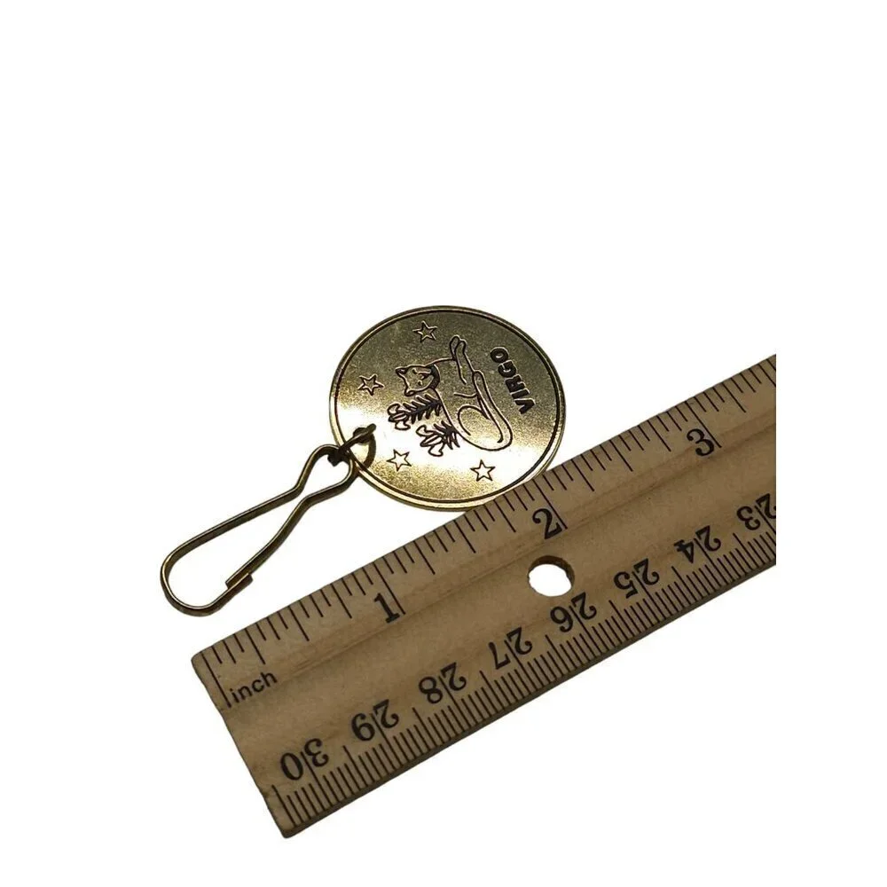 Virgo Engraved Sitting Leopard Stars Flowers Round Pendant Gold Tone Vintage
